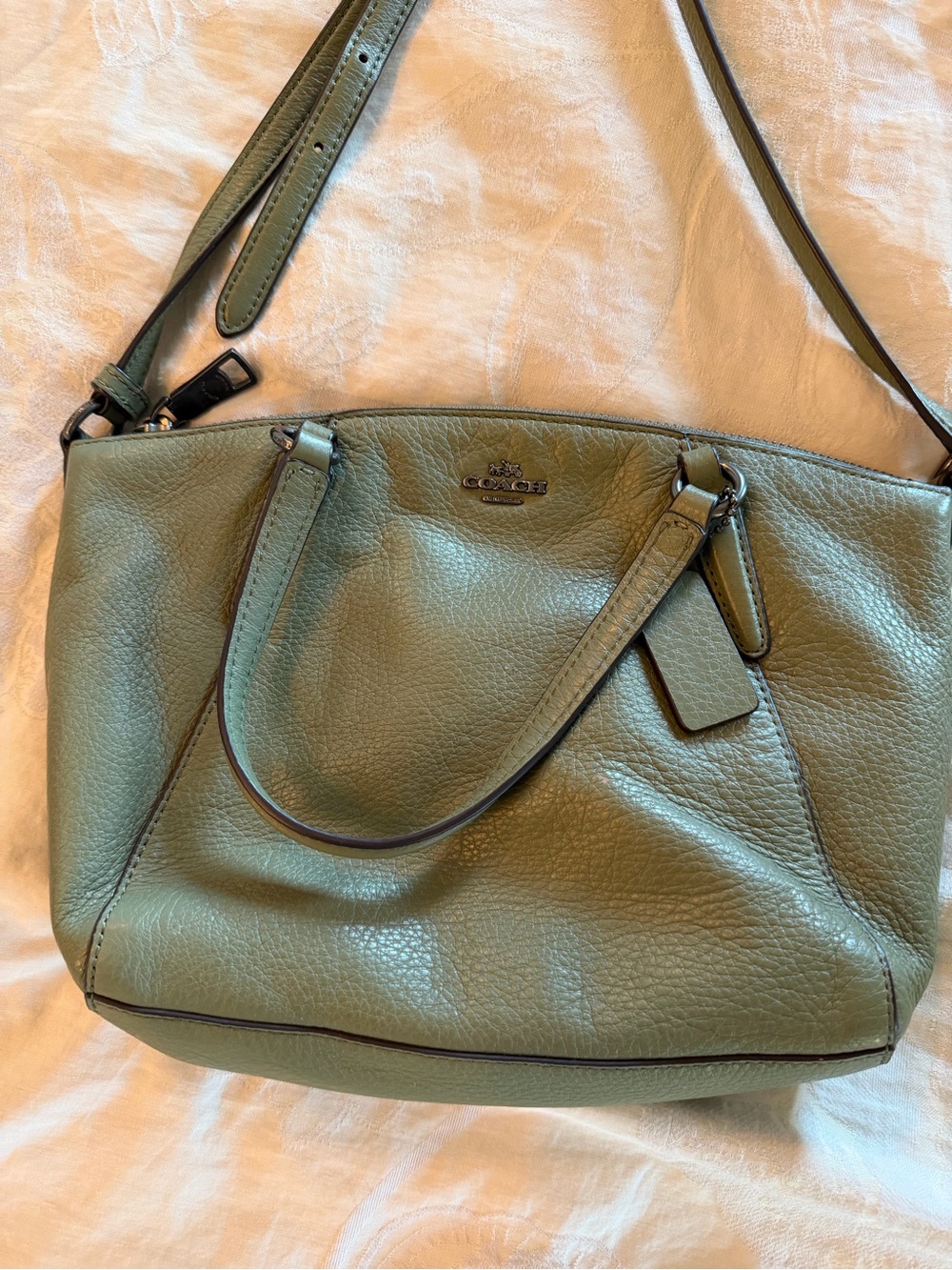Coach Olive Green Pebbled Leather Shoulder Bag with adjustable strap